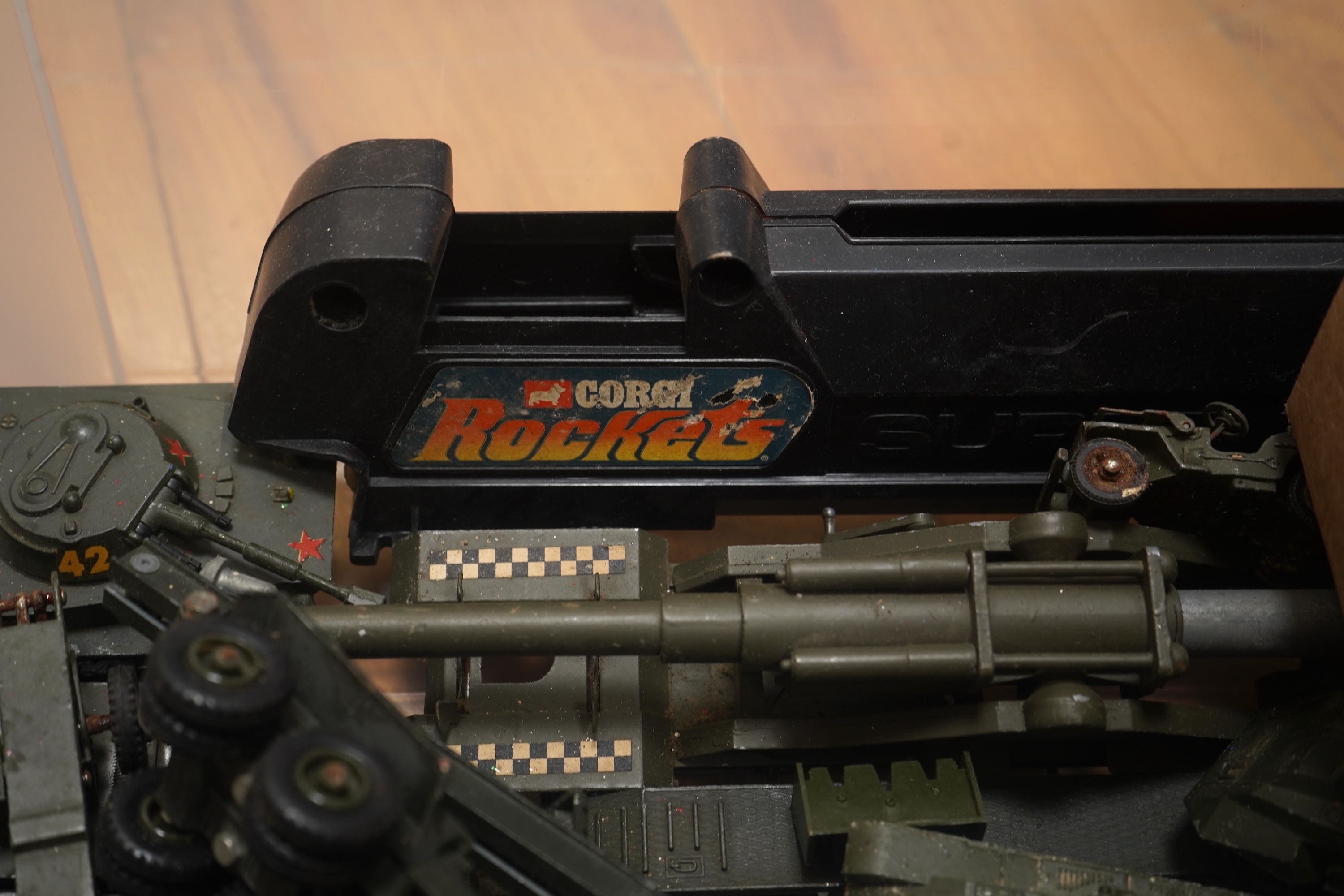 A collection of diecast vehicles by Dinky Toys, Corgi Toys, Husky, Matchbox Series, etc. including a good selection of French Dinky Toys military vehicles, original Chipperfields Circus vehicles, cars, commercial vehicle
